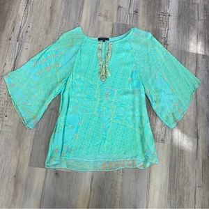 Anthropologie Sanctuary green chiffon blouse beaded detail tassels 3/4 sleeve L